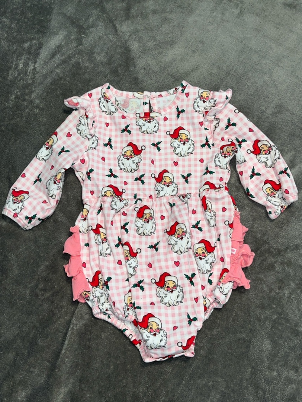 Ruffle Butts Pink Santa Print Long-Sleeve One-Piece